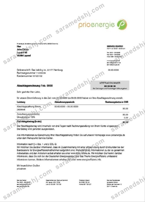 Germany Prioenergie proof of address utility bill